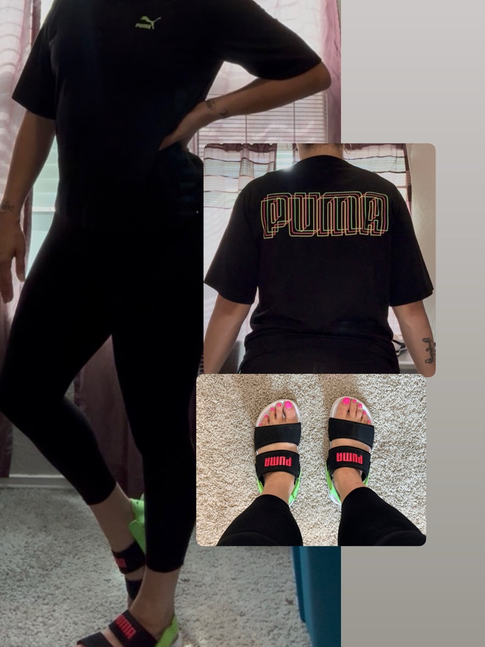 Puma Black with Neon Green and pink Accents sandals and matching shirt size L